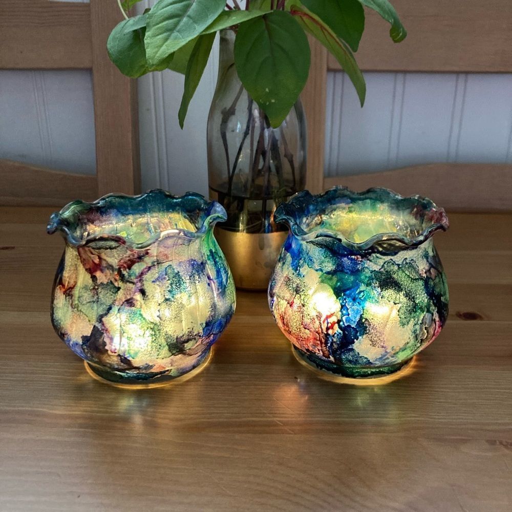 New Hand Painted Glass Tealight Holders Colorful Alcohol Ink - Set of 2 - Picture 7 of 7